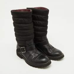 Pre Owned Chanel Black Nylon and Leather CC Logo Moto Calf Length Boots Size 39