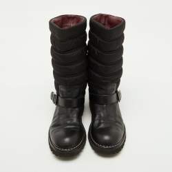 Pre Owned Chanel Black Nylon and Leather CC Logo Moto Calf Length Boots Size 39