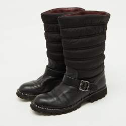 Pre Owned Chanel Black Nylon and Leather CC Logo Moto Calf Length Boots Size 39