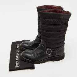 Pre Owned Chanel Black Nylon and Leather CC Logo Moto Calf Length Boots Size 39