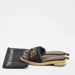 Pre Owned Chanel Black Tweed And Leather Chain Link Cork Slides Size 37.5