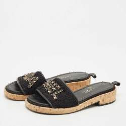 Pre Owned Chanel Black Tweed And Leather Chain Link Cork Slides Size 37.5
