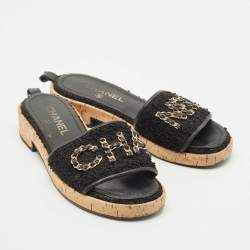 Pre Owned Chanel Black Tweed And Leather Chain Link Cork Slides Size 37.5