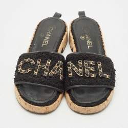 Pre Owned Chanel Black Tweed And Leather Chain Link Cork Slides Size 37.5