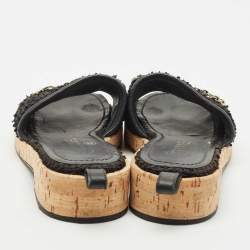 Pre Owned Chanel Black Tweed And Leather Chain Link Cork Slides Size 37.5