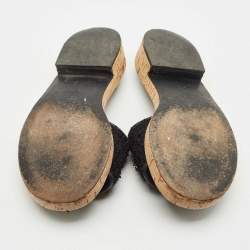 Pre Owned Chanel Black Tweed And Leather Chain Link Cork Slides Size 37.5