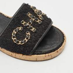 Pre Owned Chanel Black Tweed And Leather Chain Link Cork Slides Size 37.5