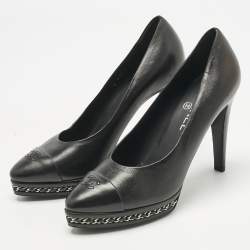 Pre Owned Chanel Black Leather CC Cap Toe  Platform Pumps Size 40