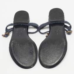 Pre Owned Chanel Blue Tweed and Velvet  CC LogoT-Strap Flat Sandals Size 37