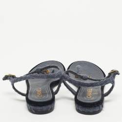 Pre Owned Chanel Blue Tweed and Velvet  CC LogoT-Strap Flat Sandals Size 37