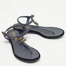 Pre Owned Chanel Blue Tweed and Velvet  CC LogoT-Strap Flat Sandals Size 37
