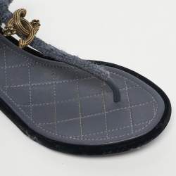 Pre Owned Chanel Blue Tweed and Velvet  CC LogoT-Strap Flat Sandals Size 37