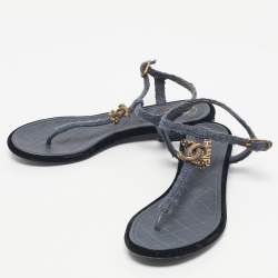 Pre Owned Chanel Blue Tweed and Velvet  CC LogoT-Strap Flat Sandals Size 37