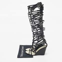 Pre Owned Chanel Black Leather Interlocking CC Logo Gladiator Sandals Size 39