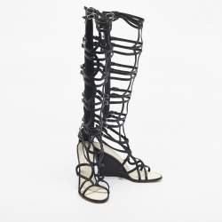 Pre Owned Chanel Black Leather Interlocking CC Logo Gladiator Sandals Size 39