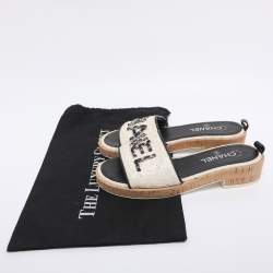 Pre Owned Chanel Iridescent/Black Tweed And Leather Chain Link Cork Slides Size 38.5