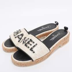 Pre Owned Chanel Iridescent/Black Tweed And Leather Chain Link Cork Slides Size 38.5