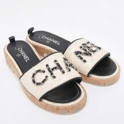 Pre Owned Chanel Iridescent/Black Tweed And Leather Chain Link Cork Slides Size 38.5