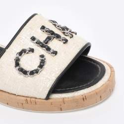Pre Owned Chanel Iridescent/Black Tweed And Leather Chain Link Cork Slides Size 38.5