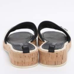 Pre Owned Chanel Iridescent/Black Tweed And Leather Chain Link Cork Slides Size 38.5