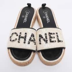 Pre Owned Chanel Iridescent/Black Tweed And Leather Chain Link Cork Slides Size 38.5