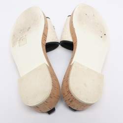 Pre Owned Chanel Iridescent/Black Tweed And Leather Chain Link Cork Slides Size 38.5