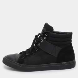 Pre Owned Chanel Black Suede Leather And  Canvas High Top Sneakers Size 39