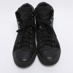 Pre Owned Chanel Black Suede Leather And  Canvas High Top Sneakers Size 39