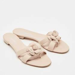 Pre Owned Chanel Beige Leather Flower Embellished Camellia Flat Slides Size 40