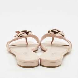 Pre Owned Chanel Beige Leather Flower Embellished Camellia Flat Slides Size 40