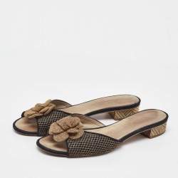 Pre Owned Chanel Gold/Black Fabric and Mesh CC Camelia Embellished Slide Sandals Size 38