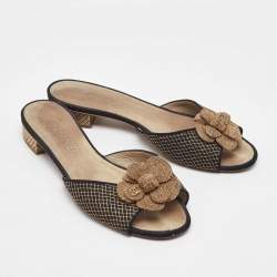 Pre Owned Chanel Gold/Black Fabric and Mesh CC Camelia Embellished Slide Sandals Size 38
