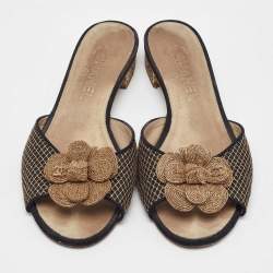 Pre Owned Chanel Gold/Black Fabric and Mesh CC Camelia Embellished Slide Sandals Size 38