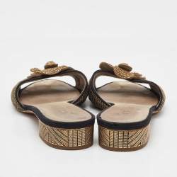Pre Owned Chanel Gold/Black Fabric and Mesh CC Camelia Embellished Slide Sandals Size 38