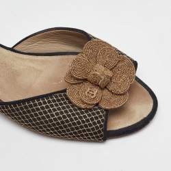 Pre Owned Chanel Gold/Black Fabric and Mesh CC Camelia Embellished Slide Sandals Size 38