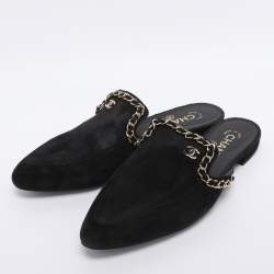 Pre Owned Chanel Black Suede CC Chain Mules Size 38.5