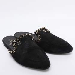 Pre Owned Chanel Black Suede CC Chain Mules Size 38.5