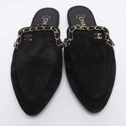 Pre Owned Chanel Black Suede CC Chain Mules Size 38.5