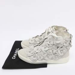 Pre Owned Chanel Grey Leather CC Camellia High Top Sneakers Size 38