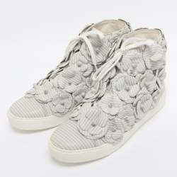Pre Owned Chanel Grey Leather CC Camellia High Top Sneakers Size 38