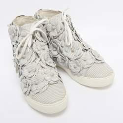 Pre Owned Chanel Grey Leather CC Camellia High Top Sneakers Size 38