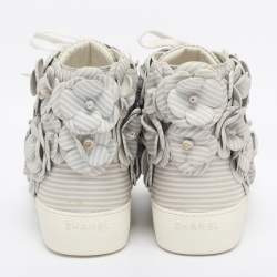 Pre Owned Chanel Grey Leather CC Camellia High Top Sneakers Size 38