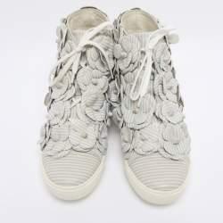 Pre Owned Chanel Grey Leather CC Camellia High Top Sneakers Size 38