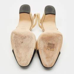 Pre Owned Chanel Beige/Black Canvas and Leather CC Cap Toe Slingback Pumps Size 38.5
