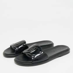Pre Owned Chanel Black Patent Leather CC Flat Slides Size 38.5