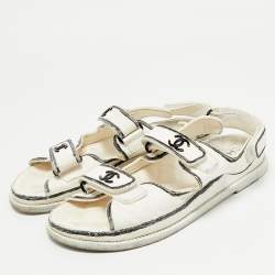 Pre Owned Chanel White/Black Leather Dad Slingback Flat Sandals Size 39