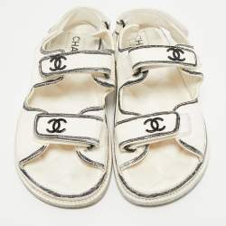 Pre Owned Chanel White/Black Leather Dad Slingback Flat Sandals Size 39