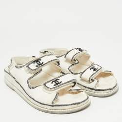 Pre Owned Chanel White/Black Leather Dad Slingback Flat Sandals Size 39