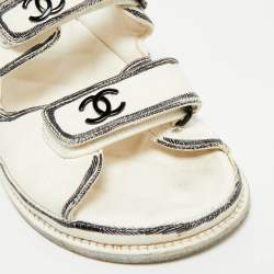 Pre Owned Chanel White/Black Leather Dad Slingback Flat Sandals Size 39