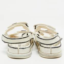 Pre Owned Chanel White/Black Leather Dad Slingback Flat Sandals Size 39